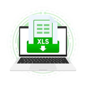 Download XLS file with label on laptop screen. Downloading document concept. View, read, download XLS file on laptops and mobile devices. Vector illustration.