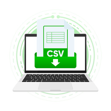 Download CSV file with label on laptop screen. Downloading document concept. View, read, download CSV file on laptops and mobile devices. Vector illustration.