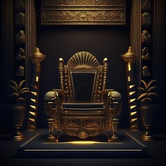 Black room interior in ancient Egyptian style, gold decor, fantasy interior. Throne of the pharaoh. AI