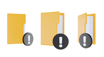 3d render folder exclamation mark icon with orange file folder and black exclamation mark