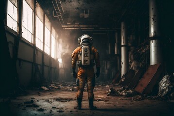 Naklejka na ściany i meble man walking with protective suit, devastated area, apocalypse concept, 3D illustration