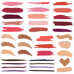 Makeup strokes flat icons set Different colorful smudge of blush, foundation, lipstick. Pastel palette for face