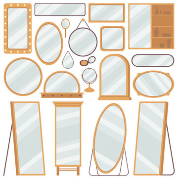Modern mirrors flat icons set. Different shapes of modern and vintage speculums. Glass surface with clear image