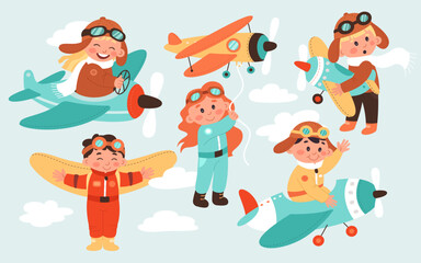 Cute cartoon pilots flat icons set. Cute baby with airplane toy, special flying suit and airplanes transport © Mykola Syvak