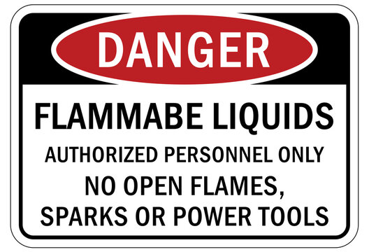 Fire hazard, flammable liquid sign and label flammable liquid authorized personnel only no open flame sparks or power tools