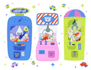 Claw crane grabber machines flat icons set. Machine for catch toys. Fluffy bear, rabbit, colorful ball and car