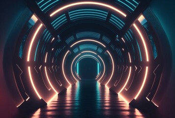 futuristic tunnel, with neon lights, fantasy,3D illustration.