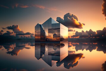 modern architecture, on a lake, futuristic, 3D illustration.