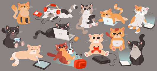 Cute cats and gadgets flat icons set. Tablet, laptop and smartphone in cat paws