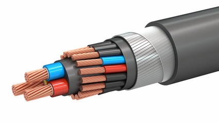 Structure of multi core shielded copper cable. Stripped electrical wires in the braid. 3d render