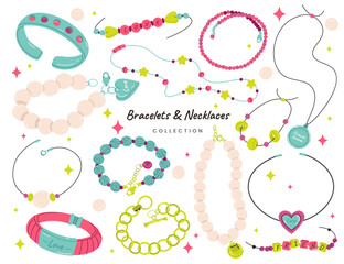 Bracelets and necklace flat icons set. Trendy golden chain, friend handmade wristband, cat collar and other accessories