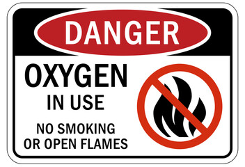Fire hazard, flammable material oxygen sign and labels  oxigen in use no smoking no open flame - obrazy, fototapety, plakaty