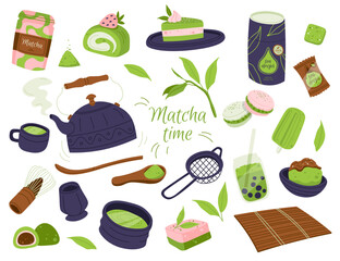 Matcha products flat icons set. Tasty food and drinks. Traditional delicious cake, macaroons, mochi, ice cream