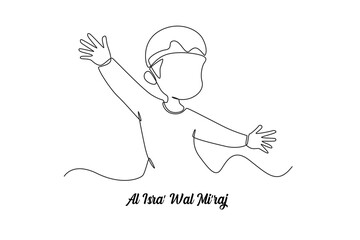 Obraz premium Continuous one line drawing Happy muslim boy celebrating islam events. Isra miraj. Isra Miraj Islamic events concept. Single line draw design vector graphic illustration.
