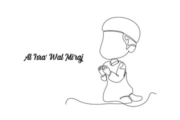 Continuous one line drawing back view boy muslim praying with hands. Isra miraj. Isra Miraj Islamic events concept. Single line draw design vector graphic illustration.