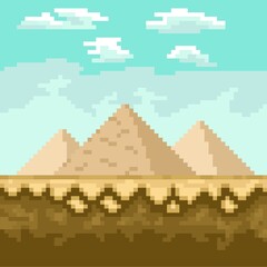 Illustration pixelart of desert with pyramid landscape icon