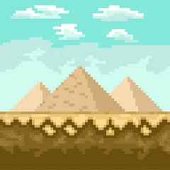 Tuinposter Illustration pixelart of desert with pyramid landscape icon © gassh