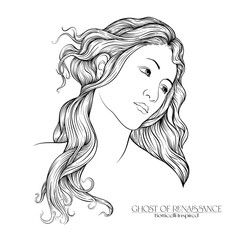 Portrait of a woman inspired by a painting by Renaissance artist Botticelli Spring. Outline hand drawing vector illustration.