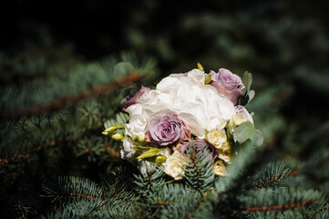 Bridal bouquet with bright flowers. Wedding bouquet of beautiful flowers