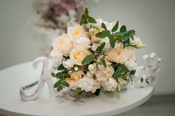 Bridal bouquet with bright flowers. Wedding bouquet of beautiful flowers