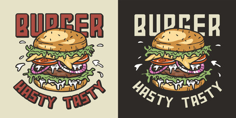Burger with meat, cheese and vegetable for logo or emblem. American fast food or hamburger for poster. USA food with bun, lettuce, cheese, tomato, onion, cutlet for store
