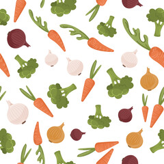 Vector seamless pattern of many small vegetable icons on white background. Bright carrots, broccoli, different varieties onion signs. Decorative art element for advertising layout,  packaging design.