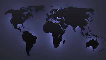 Blue glow dark world map, 3d render