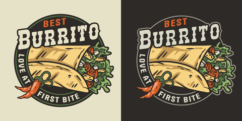 Burrito vector with meat and vegetable for logo or emblem. Traditional mexican fast food. Burritos latin food with tortilla, leaves lettuce, cheese, tomato, forcemeat, sauce