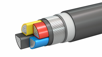 Structure of an aluminum electrical wire. Power cable with four conductors cut off to clearly demonstrate the cross section. 3D illustration