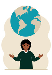 The woman spread his arms and the planet Earth is above his head. Earth day holiday concept, saving the planet, saving energy, global warming or climate change.