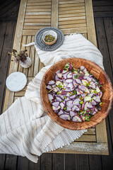 Flatlay food styling of a plate of radish salads and sides - healthy vegan lifestyle aesthetic