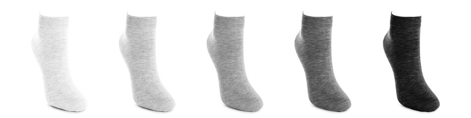 Set with different socks on white background. Banner design