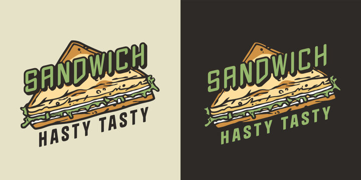 Sandwich with meat, cheese and vegetable for poster or food banner. Breakfast fast food or toasted toast for logo or emblem