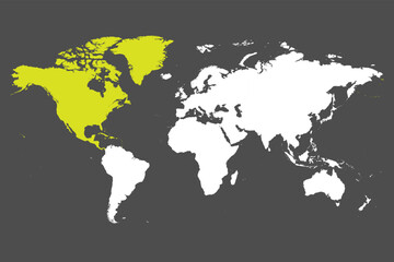 Fototapeta na wymiar North America continent green marked in white silhouette of World map. Simple flat vector illustration.
