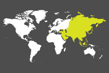 Fototapeta na wymiar Asia continent green marked in white silhouette of World map. Simple flat vector illustration.