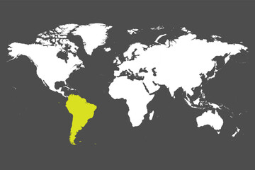 Fototapeta na wymiar South America continent green marked in white silhouette of World map. Simple flat vector illustration.