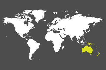 Australia continent green marked in white silhouette of World map. Simple flat vector illustration.