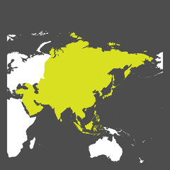 Asia continent green marked in white silhouette of World map. Simple flat vector illustration.