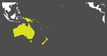 Australia continent green marked in white silhouette of World map. Simple flat vector illustration.