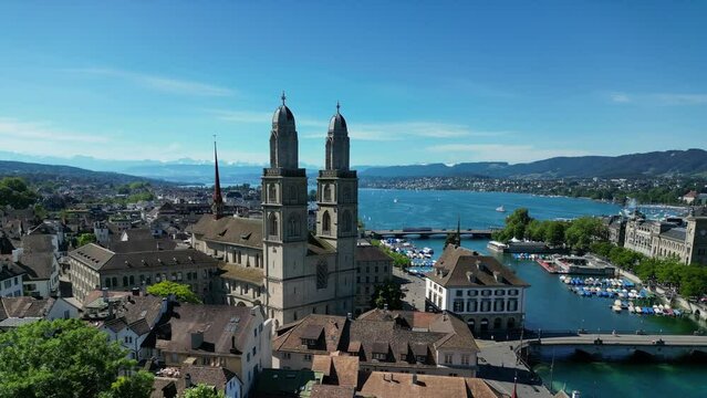 Aerial drone view of grossmunster old town zurich switzerland