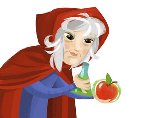 cartoon scene with old witch with magic apple illustration