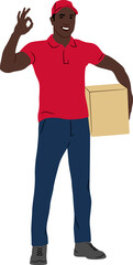 Hand-drawn African American worker with the package. Delivery guy is holding a cardboard box and shows the OK sign with his hand. Vector flat style illustration isolated on white. Full-length view