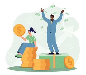Income growth concept. Man and woman with banknotes and gold coins. Young guy and girl, financial literacy. Successful entrepreneur and businessman metaphor. Cartoon flat vector illustration