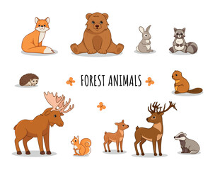 Forest animals set. Collection of graphic elements for site. Educational materials for children, biology and zoology, wildlife and fauna. Cartoon flat vector illustrations isolated on white background