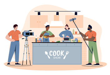 Cooking tv show. Man and woman preparing dish, man with video camera and microphone standing in kitchen. Interesting content for television and social networks. Cartoon flat vector illustration