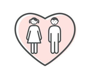 Color adopted kids icon. Boy and girl stand in heart silhouette, son and daughter. Sticker for social networks and messengers. Minimalistic creativity and art. Cartoon flat vector illustration