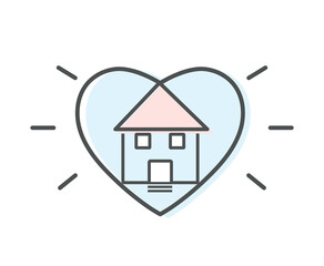 Color adoption house icon. Building in silhouette of blue heart, love and care, charity and kindness. Sticker for social networks and messengers. New home concept. Cartoon flat vector illustration