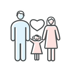 Color adoption family icon. Man and woman hold girl hands next to heart. Minimalistic creativity and art. Health and fertility issues. Social network sticker. Cartoon flat vector illustration