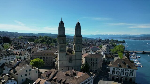 Aerial drone view of grossmunster old town zurich switzerland