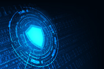 Vector Hi tech technology background. Cyber security concept. Protect data. Shield on circuit board.